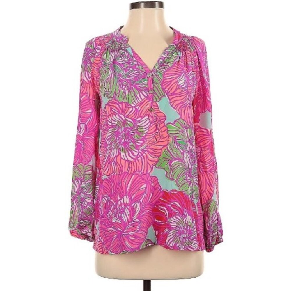 Lilly Pulitzer. Hot Pink Floral 100% Silk Top. Size M.